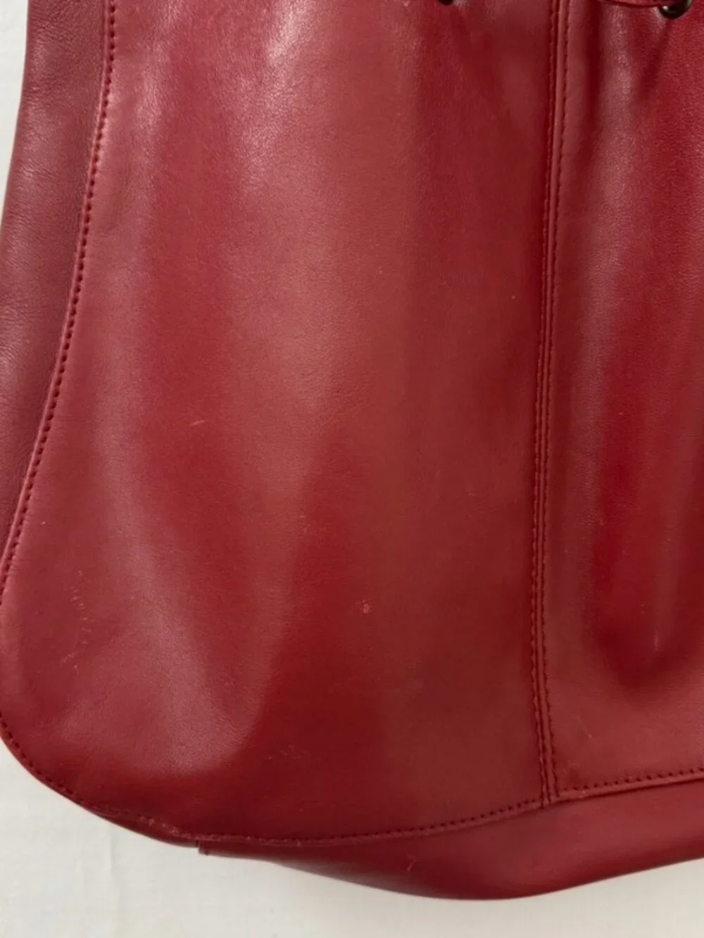 Worthington Red Leather Boho Bucket Drawstring Shoulder Bag Purse 100% Cowhide